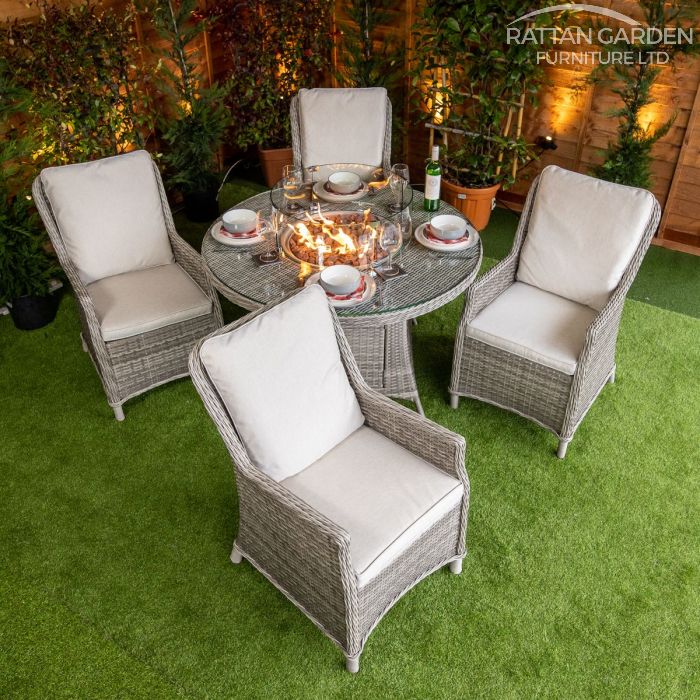 Rattan Champagne Paris Round 4 Seat Fire Pit Set