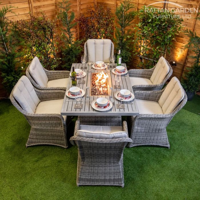 Champagne Vienna Rectangular 6 Seat Aluminium rattan Fire Pit Set