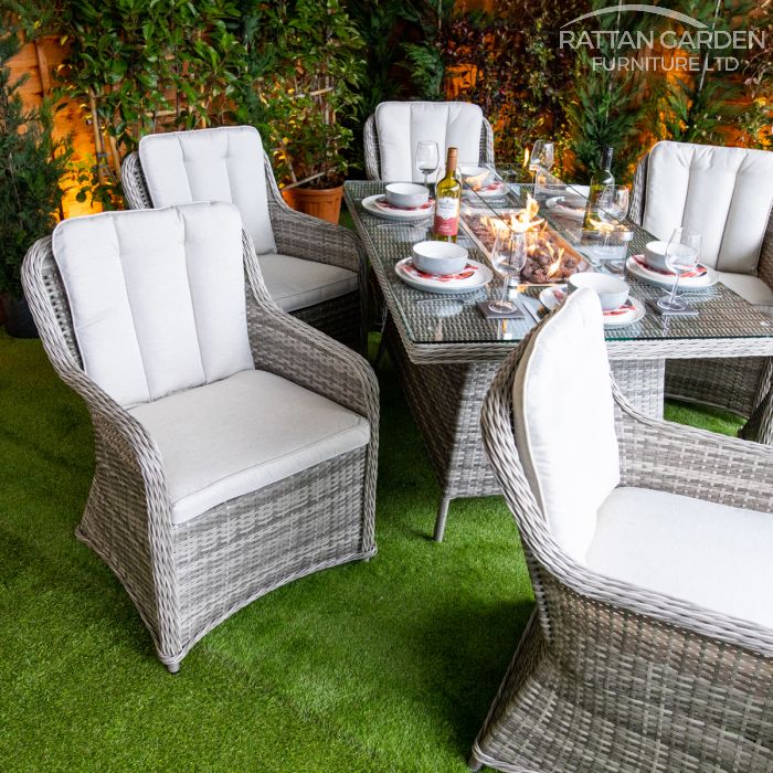 Rattan Champagne Vienna Rectangular 6 Seat Fire Pit Set