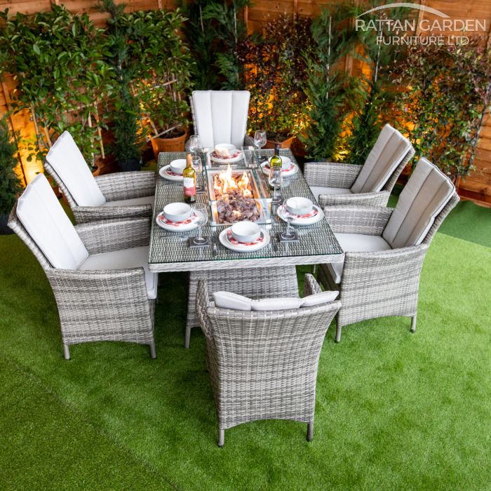 Rattan Champagne Atlanta Rectangular 6 Seat Fire Pit Set
