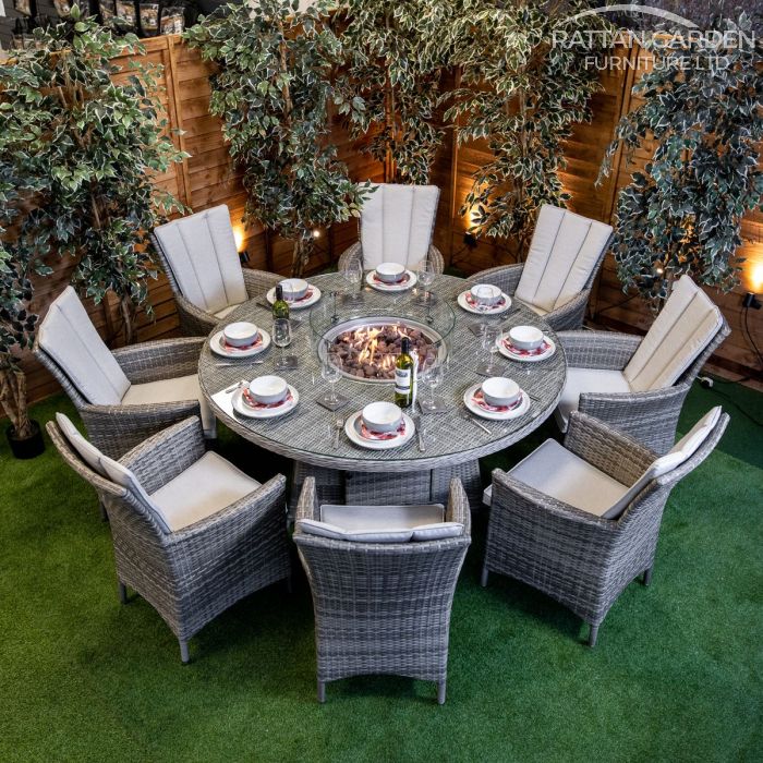 Rattan Champagne Atlanta 8 Seat Fire Pit With 165cm Round Table