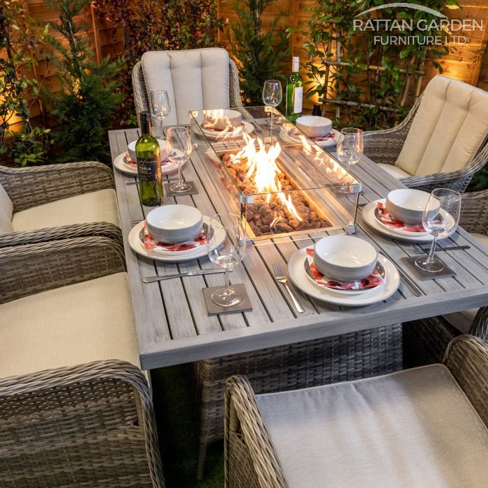 Champagne Vienna Rectangular 6 Seat Aluminium rattan Fire Pit Set