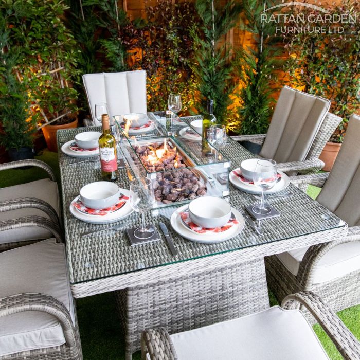 Rattan Champagne Tokyo Rectangular 6 Seat Fire Pit Set