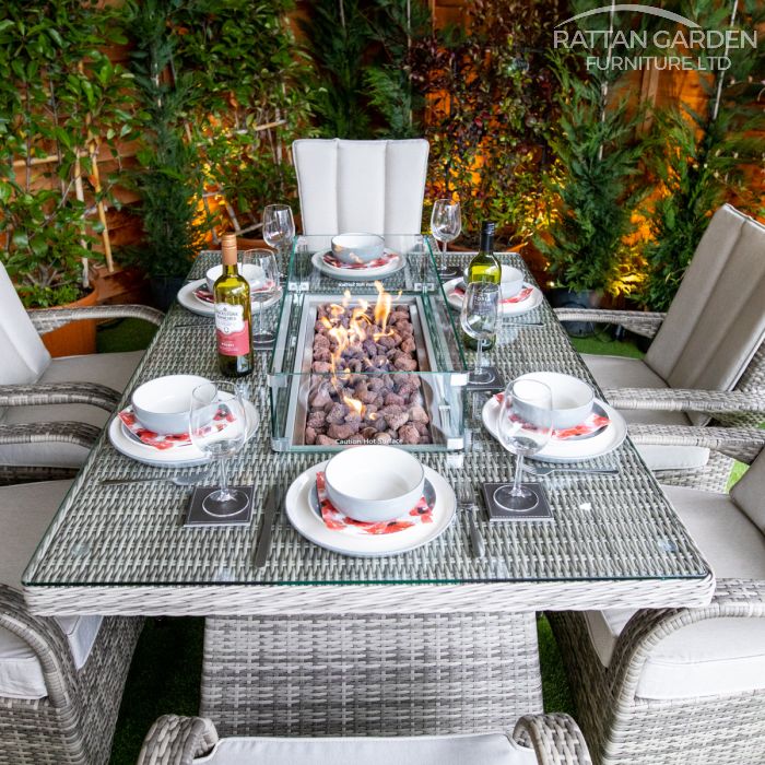 Rattan Champagne Tokyo Rectangular 6 Seat Fire Pit Set