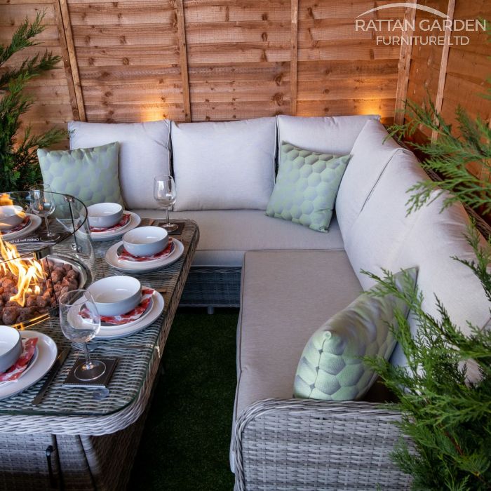 Champagne Miami Corner Rattan Dining Set with Fire Pit