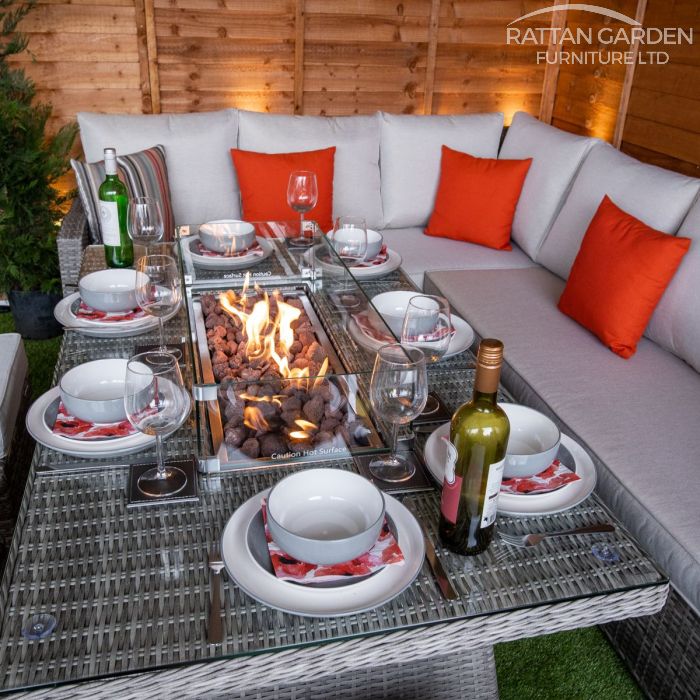 Champagne Hampton rattan Corner Dining Set with Fire Pit