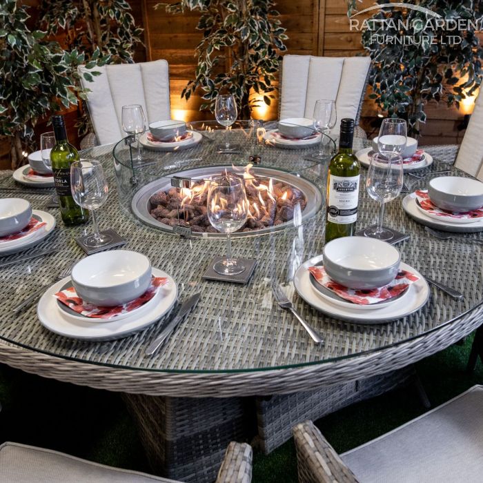 Rattan Champagne Atlanta 8 Seat Fire Pit With 165cm Round Table