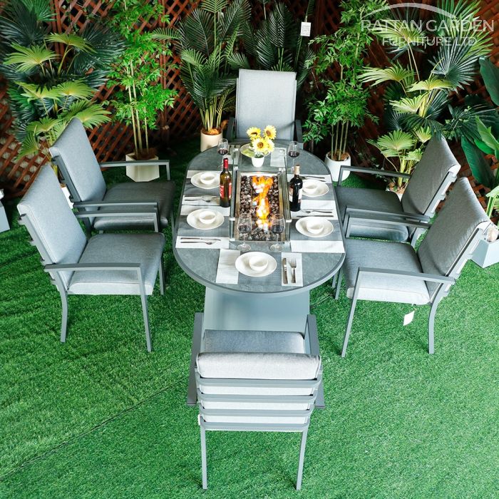 Highbury 6 Seat Aluminium Ceramic Glass Top Oval Table Fire Pit Dining Set