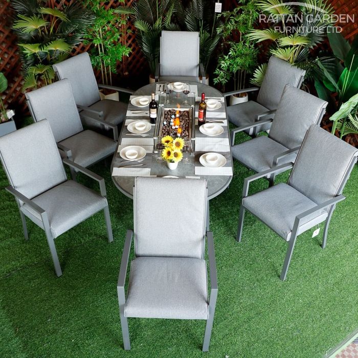 Highbury 8 Seat Aluminium Oval Ceramic Glass Top Table Fire Pit Dining Set