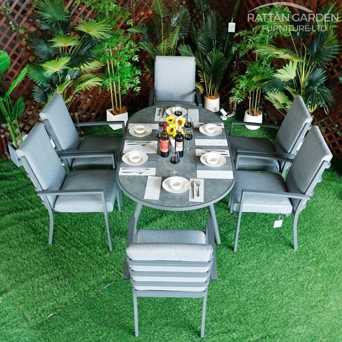 Highbury Aluminium 6 Seat Dining Set with Ceramic Glass Top Oval Table