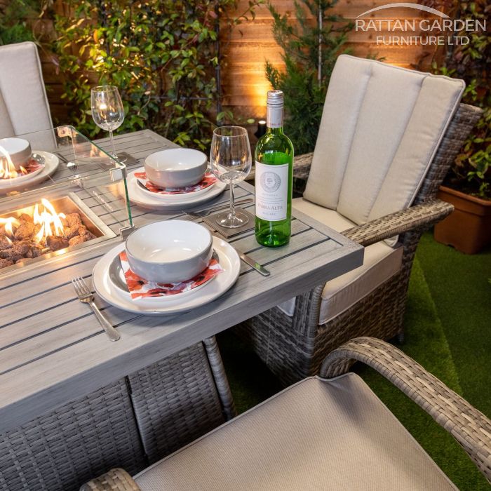 Champagne Tokyo Rectangular 6 Seat rattan Aluminium Fire Pit Set