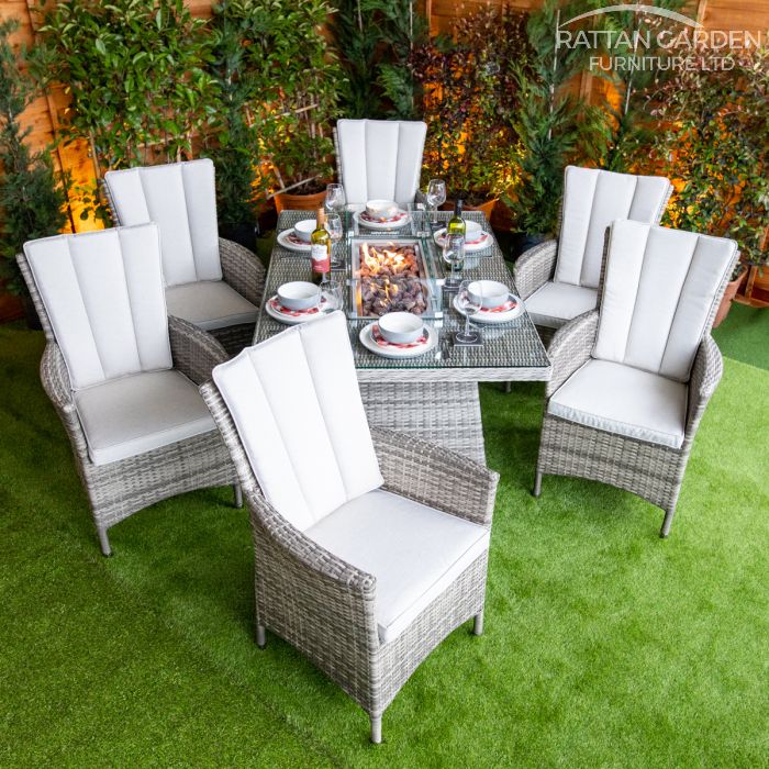 Rattan Champagne Atlanta Rectangular 6 Seat Fire Pit Set