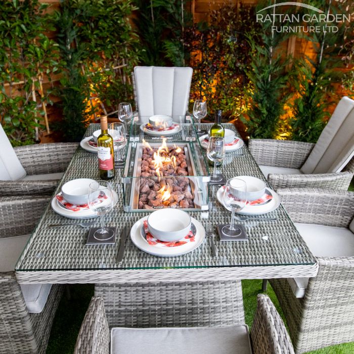 Rattan Champagne Atlanta Rectangular 6 Seat Fire Pit Set