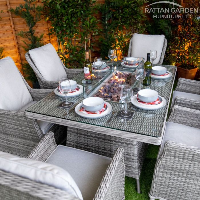 Rattan Champagne Paris Rectangular 6 Seat Fire Pit Set