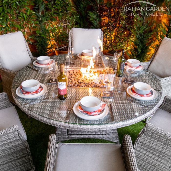 Rattan Champagne Paris Round 6 Seat Fire Pit Set