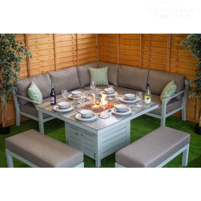 Monroe Aluminium Corner Rattan Dining Set With Fire Pit