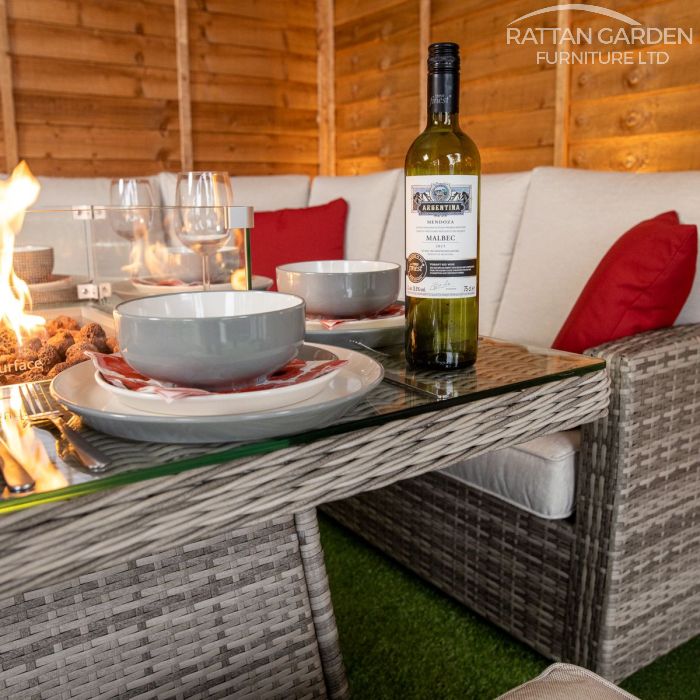 Rattan Champagne Boston Corner Dining Set with Fire Pit