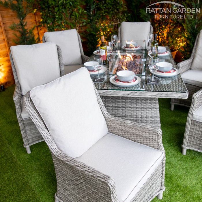 Rattan Champagne Paris Rectangular 6 Seat Fire Pit Set