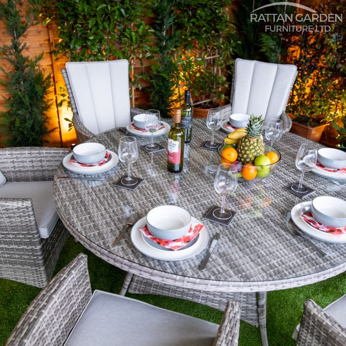 Rattan Champagne Atlanta Round 6 Seat Dining Set