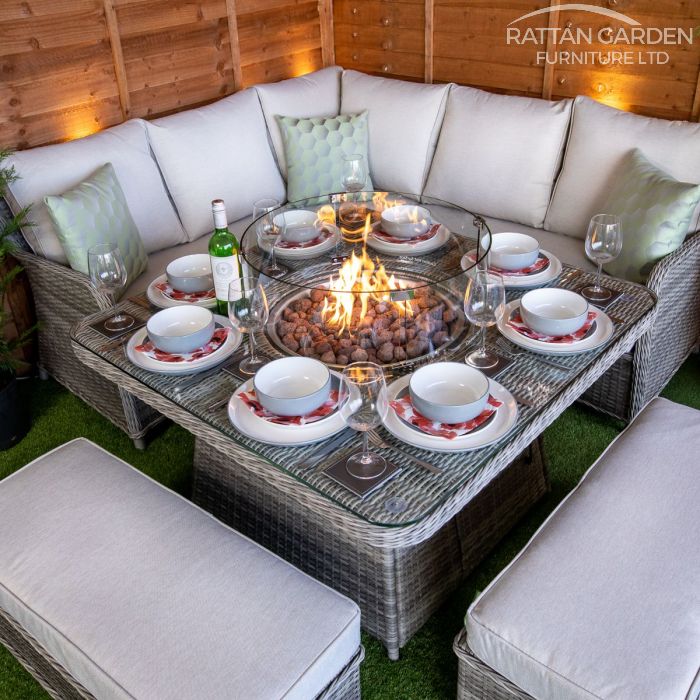 BOX DAMAGED - Champagne Miami Corner Rattan Dining Set with Fire Pit