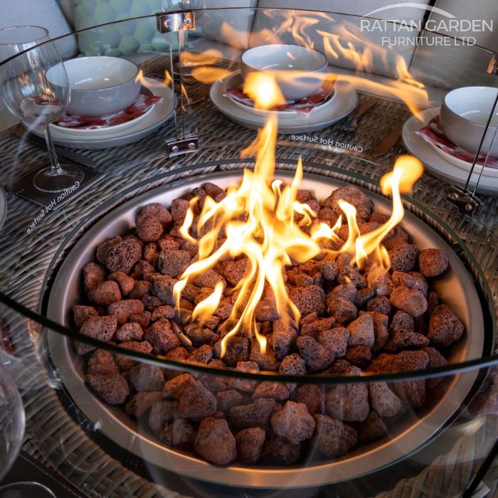 Champagne Miami Corner Rattan Dining Set with Fire Pit