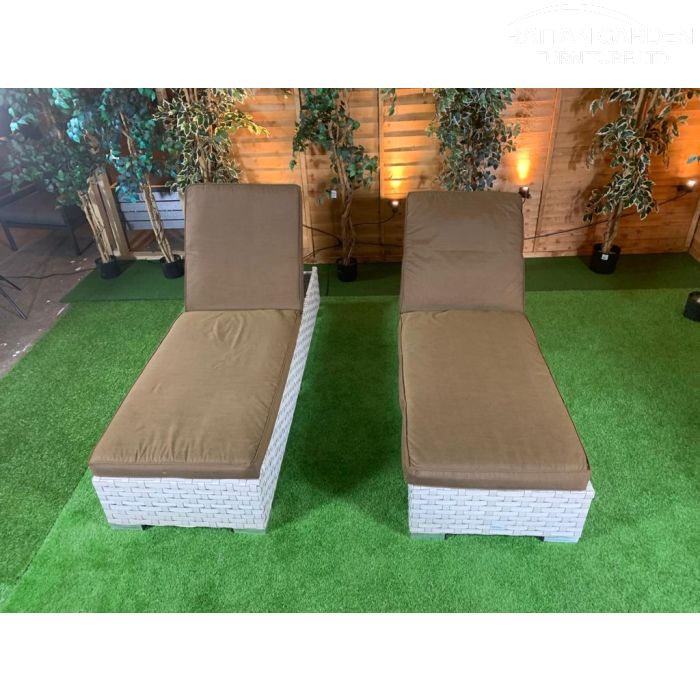 Pair of Rattan Ivory Wide Single Sun Loungers