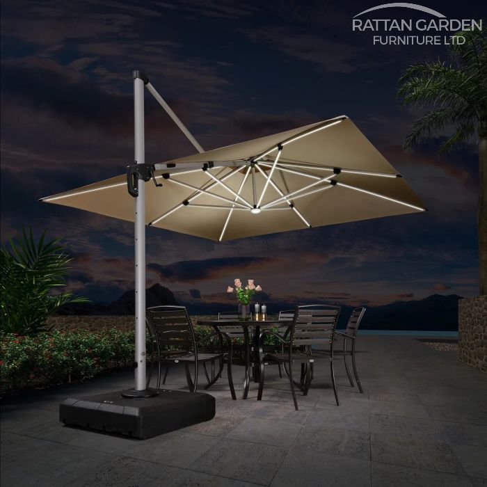 Deluxe 3m Square Cantilever Parasol with LED Lights in Beige with Base