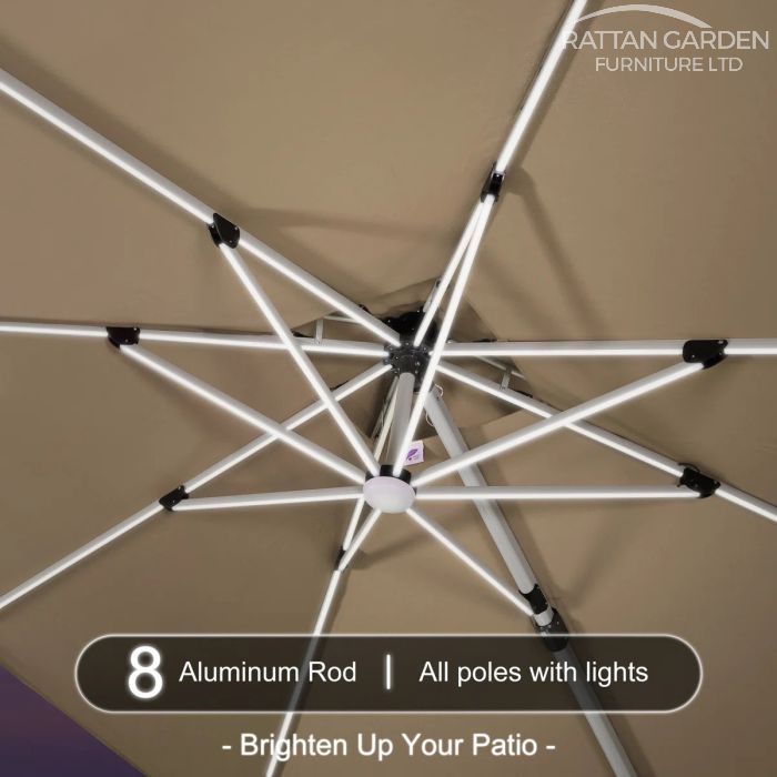 Deluxe 3m Square Cantilever Parasol with LED Lights in Beige with Base