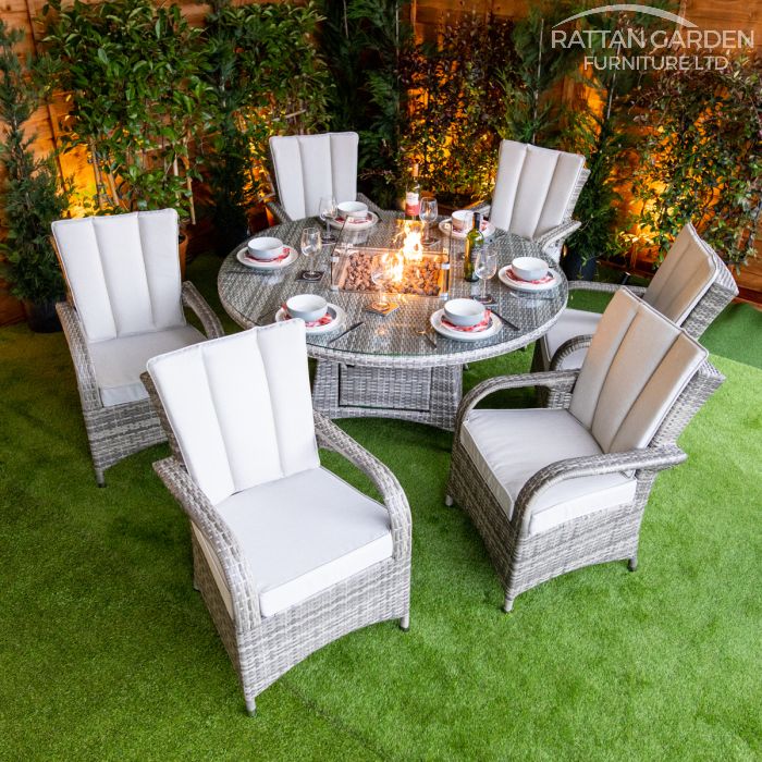 Rattan Champagne Tokyo Round 6 Seat Fire Pit Set
