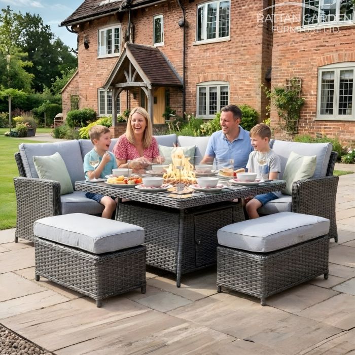 BOX DAMAGED - Platinum Boston Corner Rattan Dining Set with Fire Pit