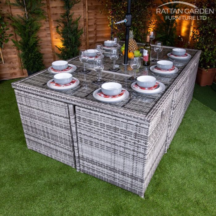 Rattan Champagne 6 Seat Cube With 4 Storage Footstools