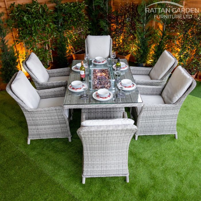 Rattan Champagne Paris Rectangular 6 Seat Fire Pit Set