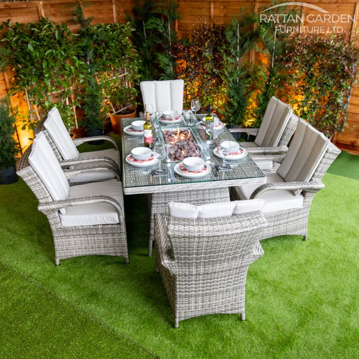 Rattan Champagne Tokyo Rectangular 6 Seat Fire Pit Set