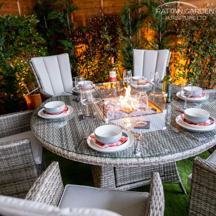 Rattan Champagne Atlanta Round 6 Seat Fire Pit Set