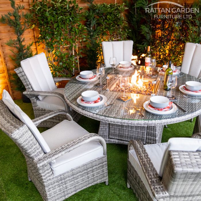 Rattan Champagne Tokyo Round 6 Seat Fire Pit Set