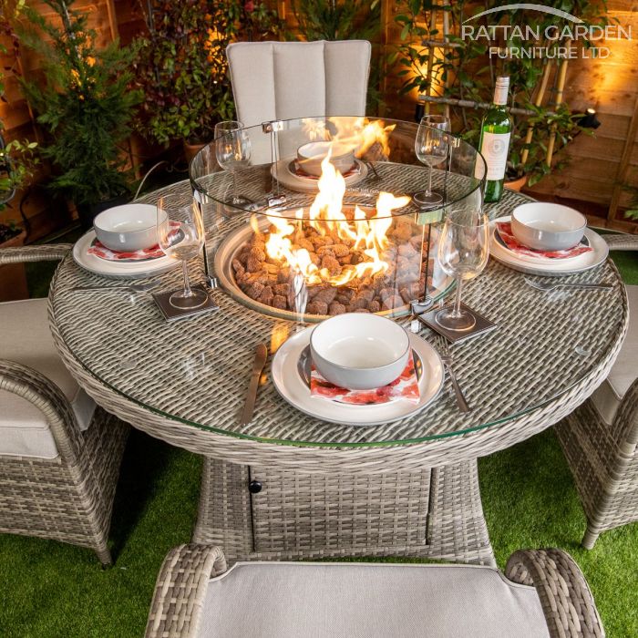 Rattan Champagne Tokyo Round 4 Seat Fire Pit Set