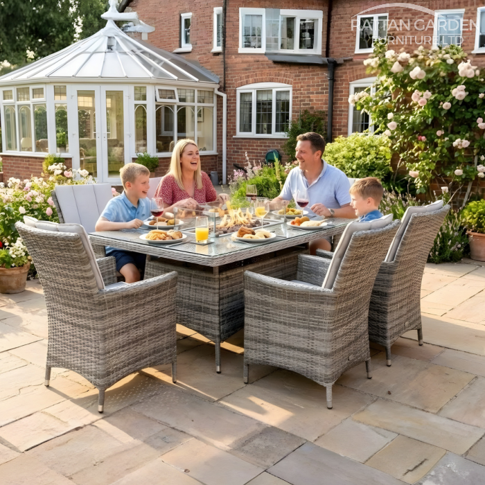 Rattan Champagne Atlanta Rectangular 6 Seat Fire Pit Set