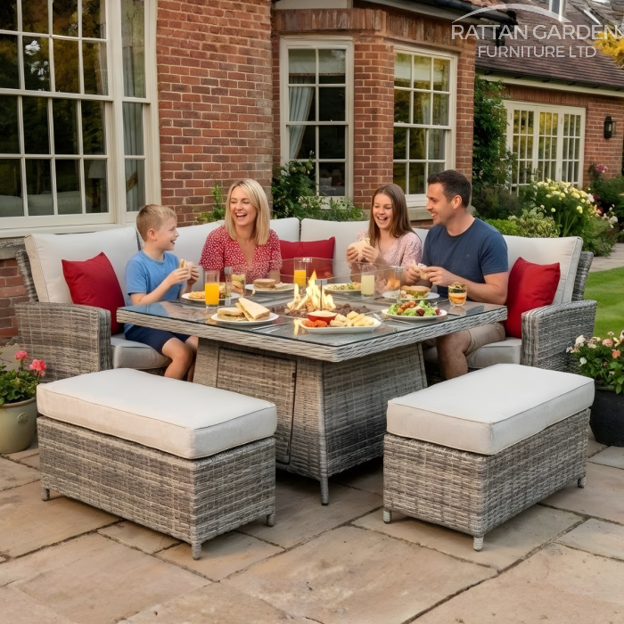 BOX DAMAGED - Rattan Champagne Boston Corner Dining Set with Fire Pit