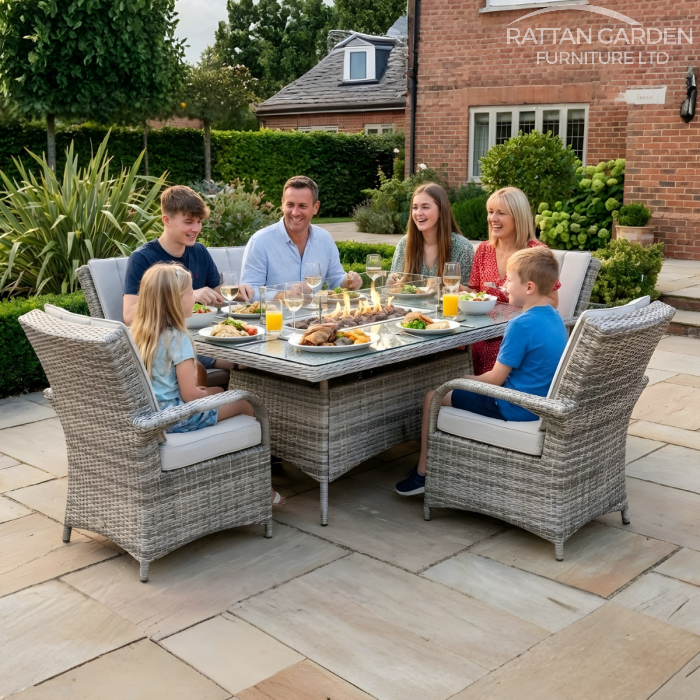 Rattan Champagne Tokyo Rectangular 6 Seat Fire Pit Set