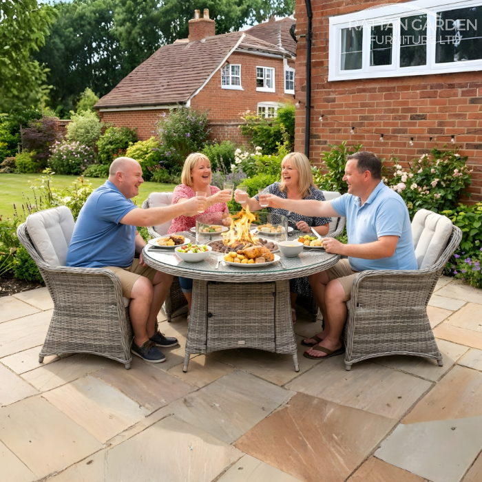 Rattan Champagne Vienna Round 4 Seat Fire Pit Set