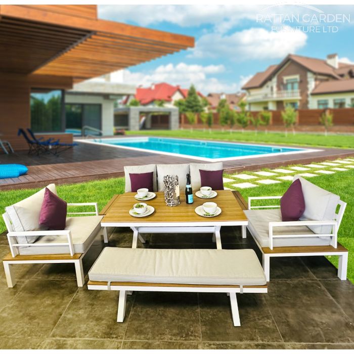 Java Aluminium Bench rattan Dining Set