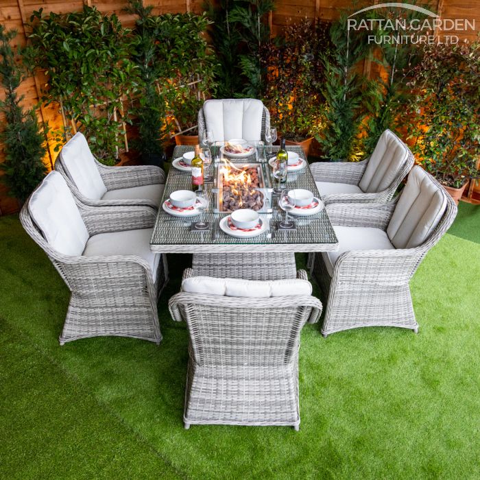 Rattan Champagne Vienna Rectangular 6 Seat Fire Pit Set