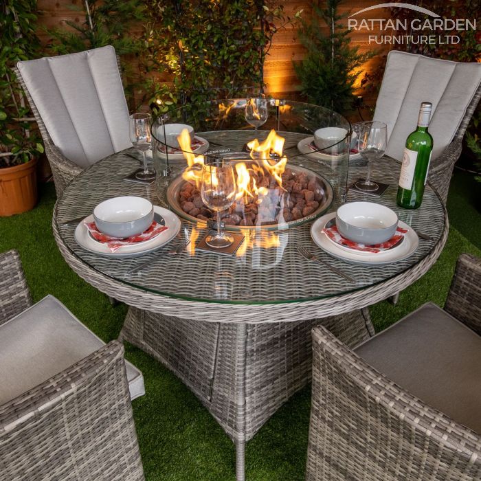 Rattan Champagne Atlanta Round 4 Seat Fire Pit Set