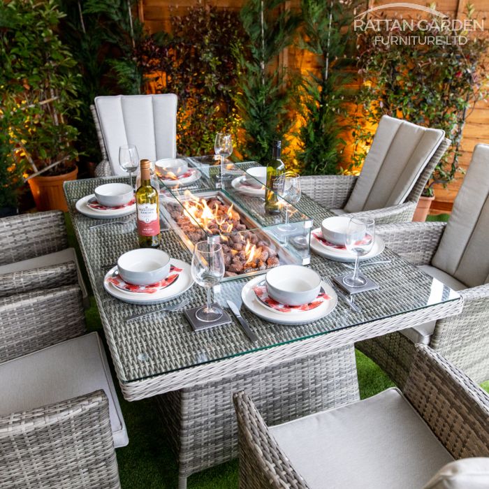 Rattan Champagne Atlanta Rectangular 6 Seat Fire Pit Set