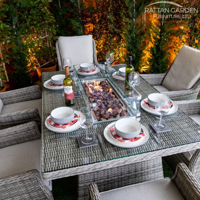 Rattan Champagne Paris Rectangular 6 Seat Fire Pit Set