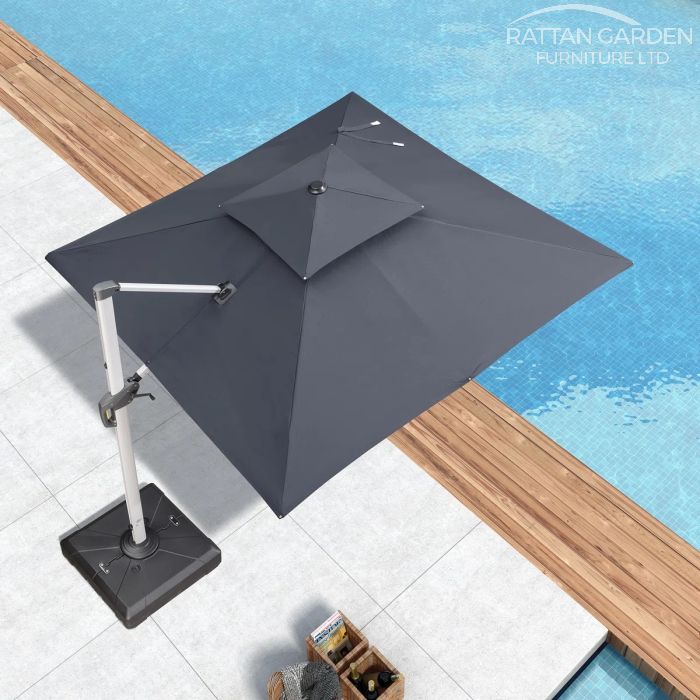 Deluxe 3m Square Cantilever Parasol in Grey with Base