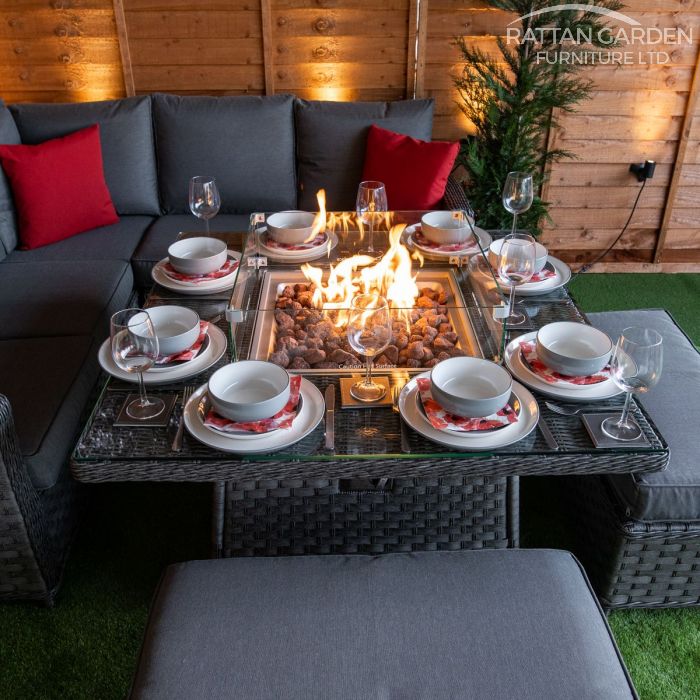 Serena Boston Corner Rattan Dining Set with Fire Pit