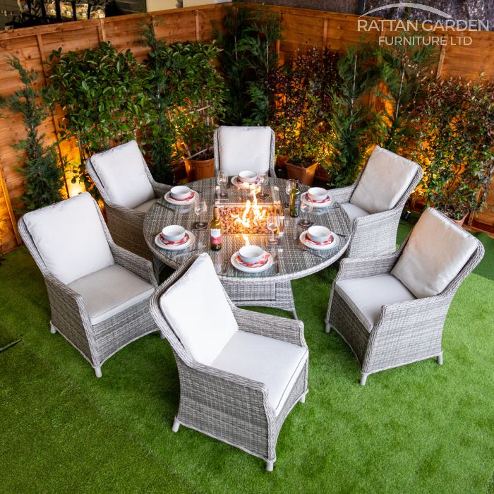 Rattan Champagne Paris Round 6 Seat Fire Pit Set