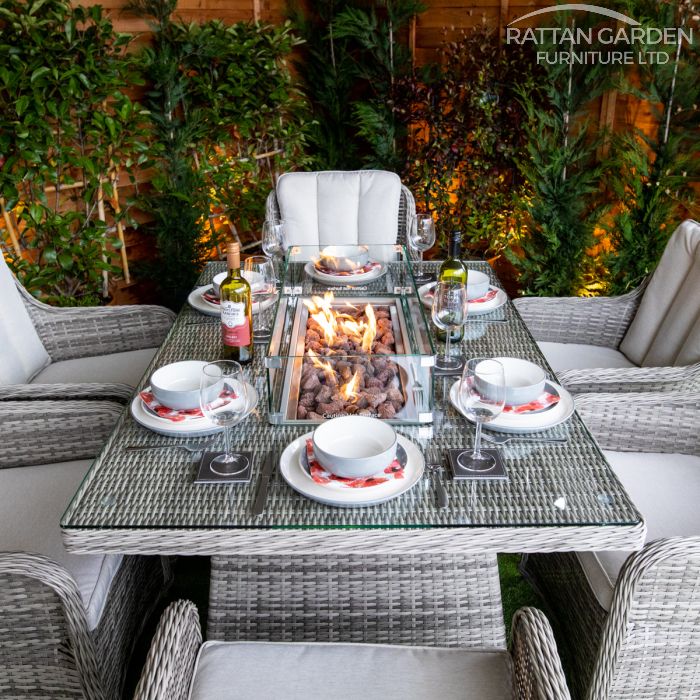 Rattan Champagne Vienna Rectangular 6 Seat Fire Pit Set