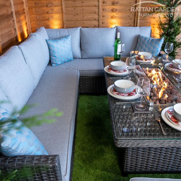 Platinum Madison Rattan Corner Dining Set With Fire Pit
